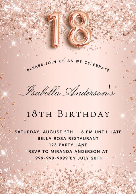 18th birthday rose gold blush glitter dust invitation Invitation For 18th Birthday, 18th Birthday Invitation, Elegant Birthday Invitations, Birthday Rose Gold, Confetti Invitation, Birthday Invitation Card Template, Rose Gold Invitations, Birthday Invitation Card, Birthday Roses