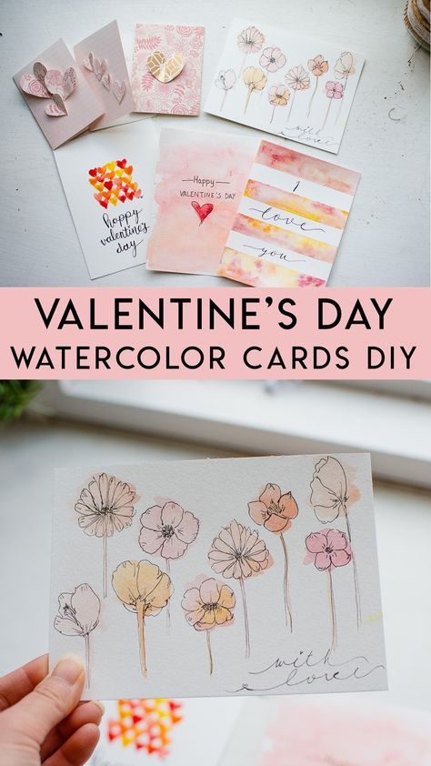 Cute Watercolor Valentine Cards, Art Valentines Cards, Valentine Watercolor Bookmarks, Calligraphy Valentines Cards, Homemade Valentine Cards For Him, Valentines Card Ideas Diy, Water Colour Valentine’s Day Cards, Making Valentines Cards, Valentine Cards Handmade Watercolor