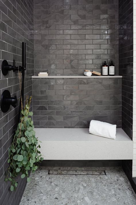 Hollywood — DMAR Interiors Small Black Tile Shower Ideas, Bathroom Shower Ideas With Bench, Tile For Bathroom Shower Walk In, Tile Shower With Niche And Bench, Master Bath Showers Walk In, Manly Shower Tile, Stand Up Shower Ideas With Bench, Slate Gray Shower Tile, Master Shower Walk In