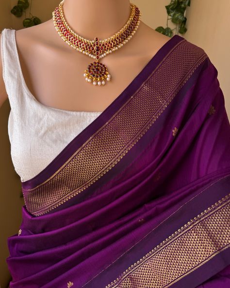 Www.thejacouture.in > Full Butta Traditional cotton silk saree > magenta cotton silk saree. . Saree Description: Magenta cotton silk saree with contrast zari border and butta all over. Comes with running blouse. Saree height: 46 inches. Saree length: 5.5 meters. Blouse : 80cm Care: Normal wash. priced: 1450/- INR For for details and query direct message us❤️. . #saree #sareelove #sareelovers #sareeblouse #sareefashion #sareedraping #sareepact #sareeblousedesigns #sareeinspiration #sare... South Indian Sarees Modern, Magenta Saree Contrast Blouse, Contrast Blouses For Silk Sarees, Silk Saree Look Traditional, Cotton Saree Look Modern, Purple Saree Blouse, Magenta Silk Saree, Normal Saree, One Piece Dress Design