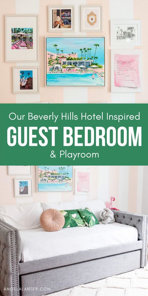 Playroom and Guest Room Combo. Ideas to organize kid's toys, save space and have an awesome room for our guests. Decoration inspired in Beverly Hills Hotel. "Press for Champagne" button included. Angela Lanter #AngelaLanter Guest Bed Playroom Combo, Playroom Tv Room Combo Small, Playroom And Guest Room Combo Ideas, Guest And Playroom Combo, Kids Room And Guest Room Combo, Guest Playroom Combo, Spare Room Playroom Combo, Guestroom Playroom Combo Room Ideas, Kids Bedroom Playroom Combo