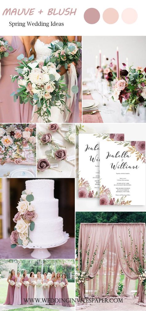 Mauve Wedding Color Schemes, Mauve Blush Champagne Wedding, Mauve Garden Wedding, Light Spring Wedding Colors, Rustic Mauve Wedding, Modern Mauve Wedding, Dusty Rose And Mauve Wedding Centerpiece, Mauve Wedding Theme Color Palettes, Mauve Table Setting Wedding Ideas