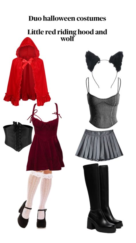 Girls Halloween costume inspo spooky season fall Halloween Duo Costume, Duo Costume Ideas, Red Hood Costume, Red Riding Hood And Wolf, Halloween Constumes, Little Red Riding Hood Halloween, Wolf Halloween Costume, Halloween Duo, Red Riding Hood Wolf