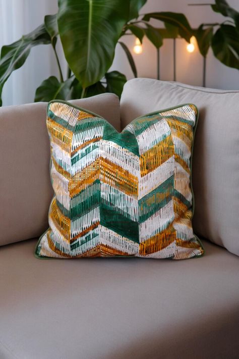 Green and Mustard Piping Velvet Unique Decorative Pillow Cover Emerald Green And Mustard Living Room, Mustard And Green Living Room, Mustard Living Rooms, Mustard Yellow Decor, Green Bedroom Decor, Statement Pillow, Unique Decorative Pillows, Green Lounge, Yellow Living Room