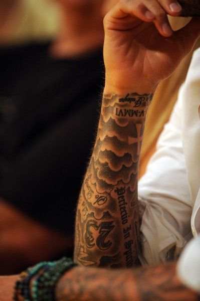 Men’s Tattoo Fonts, Time Waits For No Man Tattoo, Filler Tattoo Ideas Gap Men Arm, Cloud Filler Tattoo, David Beckham Tattoo, Elbow Tattoo Men, Men Finger Tattoos, David Beckham Tattoos, Natur Tattoo Arm