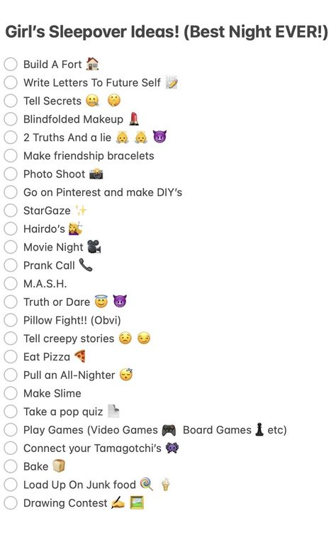 Are you ready to spill secrets, have pillow fights and gossip all nightlong? Well, you better be, because if you use this list, you're going to have the most thrilling night of your life! Things To Do At Night With A Friend, Sleepover Ideas Never Have I Ever, Things To Do When Bored At A Sleepover At Night, Things To Do At A Sleepover In The Morning, Fun Things To Do At A Slumber Party, Fun Games Sleepover, Ultimate Sleepover List, Things To Do With Your Best Friend At Night, Things To Do With Friends At Sleepovers At Night