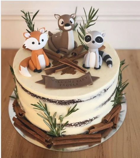 Woodland cake, I will order the fondant creatures from Etsy. Decorated with cinnamon sticks, rosemary sprigs, and some cocoa https://www.etsy.com/listing/965411147/woodland-animal-cake-toppers-fondant Gateau Baby Shower Garcon, Woodland Cakes, Gökkuşaği Pasta, Woodland Theme Cake, Woodland Birthday Cake, Animal Baby Shower Cake, Woodland Creatures Baby Shower, Gateau Baby Shower, Forest Baby Showers