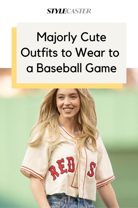 Keep your outfit simple with classic pieces like a denim jacket and white sneakers. Plus, if you wear something neutral, you can easily switch your loyalty mid-game to cheer for the winning team. #Baseball #BaseballGameOutfit Women’s Outfits To Wear To Baseball Game, Boston Red Sox Outfit Woman, Outfit For Baseball Game Women, What To Wear To A Baseball Game Women, Baseball Game Attire, Mlb Game Outfit Woman, What To Wear To A Baseball Game, Cubs Game Outfit Women, Phillies Game Outfit