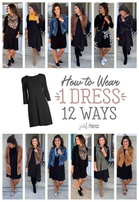 How to wear one black dress 12 ways #justpostedblog #ShopStyle #shopthelook #MyShopStyle #OOTD #LooksChallenge #ContributingEditor #Lifestyle Black Hair Dress Outfit, All Dresses Wardrobe, One Shirt 10 Ways, Old Navy Black Dress, Wear Dresses Everyday, Different Ways To Wear A Black Dress, Dresses That Can Be Worn Different Ways, Black Dress With Denim Shirt, Black Dress Long Sleeve Outfit