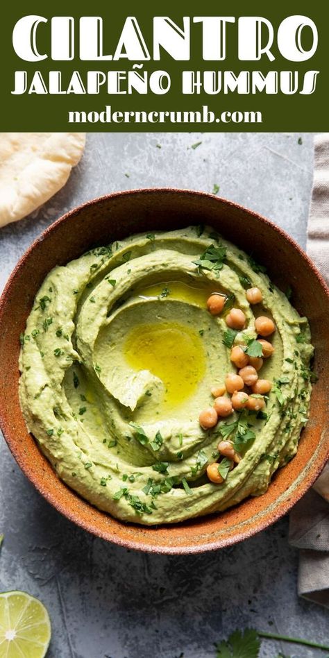 Jalapeño Hummus, Cilantro Jalapeno Hummus, Hummus Easy, Cilantro Hummus, Jalapeno Hummus, Best Hummus Recipe, Hummus Recipe Homemade, Hummus And Pita, Olive Oil Garlic