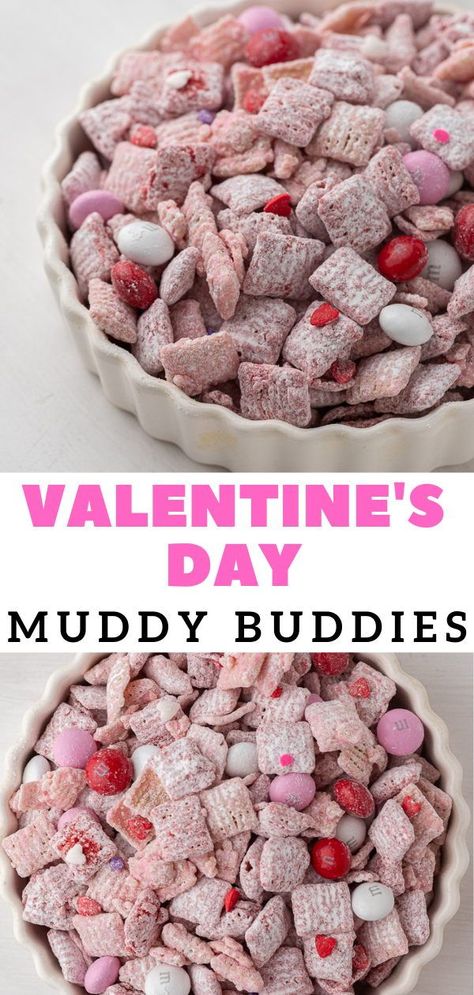 These Valentine’s day muddy buddies are one of the easiest no-bake sweet treats that you can make for Valentine’s day this year. It is crunchy, sweet, packed with M&m’s, and sprinkles, and is so easy on the eyes! This V-day puppy chow is great to munch on or even to use in little gift bags for the holiday too! Easy Valentines Snacks, Puppy Chow Cookies, Valentines Party Food, Chow Puppy, Valentine Strawberries, Valentines Recipes Desserts, Valentines Snacks, Puppy Chow Recipes, Valentines Baking