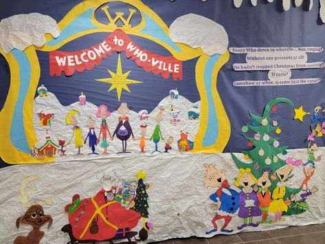 How The Grinch Stole Christmas Classroom Door, Grinch Christmas Bulletin Board Ideas, Whoville Bulletin Board Ideas, Grinch Bulletin Board Ideas, Grinch Night, Grinch Door, Door Decorations Classroom Christmas, Christmas Door Decorating Contest, Whoville Christmas