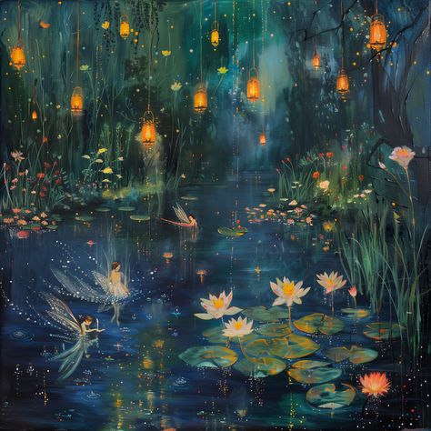 Fairy World Painting, Fairy Garden Painting, Water Faries, Fairy Pond, Fantasy Core, Fairy Whimsical, Magic Painting, Fairy Nature, Magical Theme