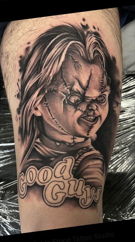 Chucky Tattoo. Chucky Face Tattoo, Scary Movie Tattoos Sleeve, Jigsaw Tattoo Design, Chucky Tattoo Ideas, Chucky Tattoo Stencil, Chucky Tattoo Design, Chucky Tattoos, Horror Themed Tattoos, Jigsaw Tattoo