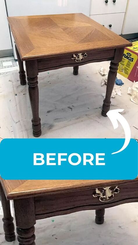 Refinishing Side Table, End Tables Refinished, Wood End Table Makeover, 70s End Table Makeover, Painted End Tables Diy, Side Table Painting Ideas Diy, Refinishing End Tables Diy, Refinish End Tables, Old End Table Makeover