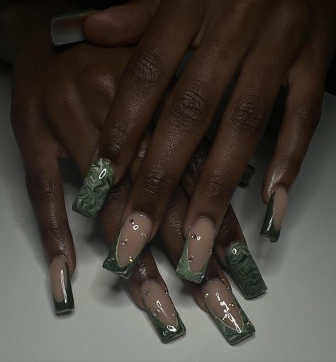 Raise your hand if your favorite color is green too 😮‍💨🤚🏾 #nolanailtech #neworleans #neworleansbeginnernailtech #beginnernailtech #explorepage #explore #fyp #acrylicnails #longnails #nails #nailart #nail #tiktok #nailsofinstagram #nailsnailsnails #frenchtipnails #reels #viral #squarenails Green Grey Nails, Green Nails Inspiration, Earthy Nails, Black Marble Nails, Grey Nails, Gray Nails, Raise Your Hand If, Raise Your Hand, Marble Nails