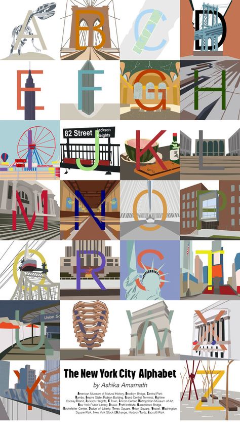 Illustrated Alphabet Features 26 Iconic NYC Sites - Untapped New York Washington Square Park Nyc, Washington Square, Washington Square Park, Grand Central Terminal, Letter J, Alphabet Illustration, New York Public Library, Fonts Alphabet, Metropolitan Museum