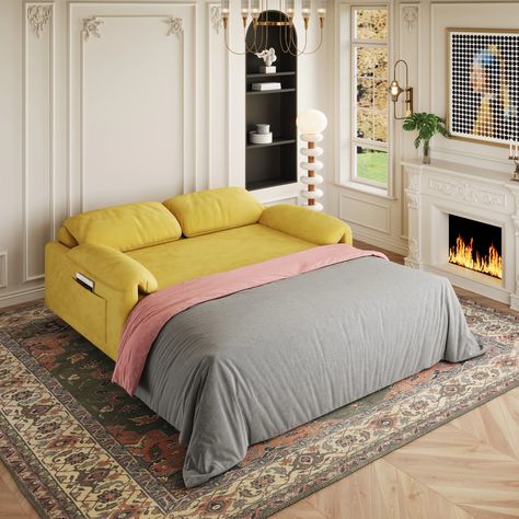 54" Yellow Velvet Convertible Loveseat Sleeper Sofa, Pull out Sofa Bed - On Sale - Bed Bath & Beyond - 40047107 Couch Queen Bed, Couch To Bed Small Spaces, Types Of Apartments, Retractable Bed, Apartment Couch, Comfy Sofa Bed, Loveseat Sleeper Sofa, Bed Velvet, Multi Functional Sofa