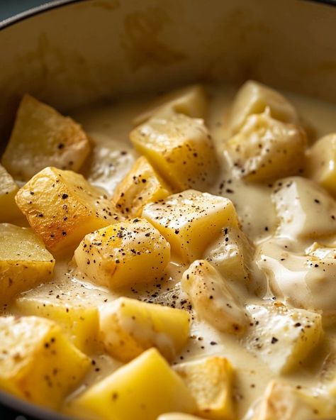 If you were raised in the South, you likely had these potatoes a few times a month. It's still a dish I crave today! Potatoes And Gravy, Cook Potatoes, Potato Stew, Potato Recipes Side Dishes, Cooking Bacon, Cubed Potatoes, Stewed Potatoes, Potato Sides, Creamy Potato