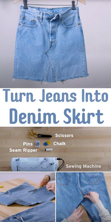 Denim Shorts Into Skirt Diy, Diy Denim Skirt From Jeans Midi, Upcycled Jean Skirt Diy, Jean Skirt Out Of Old Jeans, Denim Shorts To Skirt Diy, Jean Pants To Skirt Diy, Make Denim Skirt From Jeans, Denim Jeans Into Skirt, Denim Pants To Skirt Diy