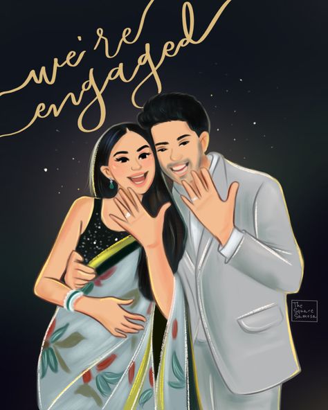 Proposal engagement cute couple pose illustration Engagement Caricature, Engagement Illustration, Couple Artwork, Armaan Malik, Instagram Hacks, Custom Portrait Illustration, Indian Wedding Invitation Cards, Wedding Illustration, Indian Wedding Invitations