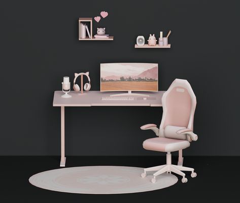 Pink Hub Station | Patreon Sims 4 Office Chair, Sims 4 Gaming Chair, Sims 4 Desk Chair, Pink Gaming Aesthetic, Sims4 Builds, Pink Computer, Aesthetic Games, Sims 4 Cc Furniture Living Rooms, Sims 4 Maxis Match