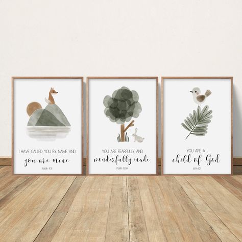 This set of 3 Bible verses with green trees and mountains would be lovely for a nursery, bedroom or older child's room room.  And since they are digital downloads, they're a most affordable way to decorate!  - THIS IS A DIGITAL DOWNLOAD; NO physical item will be sent - Other sizes available upon request at no additional charge - Prints to a 5x7, 8x10, 11x14, 12x16 or 16x20 or 18x24 inch size or a European A3 size; all 7 sizes are included in your purchase  - 18x24 inch files available upon request; they just would not fit into the space allowed - Fits perfectly into a standard size frame readily found in any hobby or craft store - 100% of your purchase price goes directly to Youth for Christ, a nonprofit started by Billy Graham in 1948 that serves impoverished, at risk and homeless youth Church Nursery Decor, Baby Boy Nursery Woodland, Christian Nursery Decor, Woodland Nursery Boy, Christian Nursery, Bible Verses For Kids, Nature Baby, Church Nursery, Kids Bible