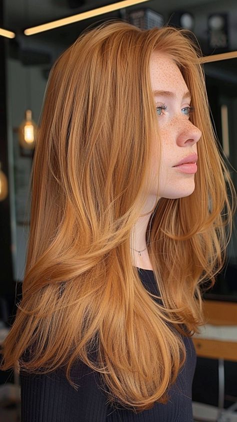 25 Strawberry Blonde Hair Ideas to Add a Pop of Color to Your Life Long Layers Copper Hair, Real Ginger Hair, Straight Red Hair Natural, Layered Hair Redhead, Red Hair Inspiration Natural, Blonde To Natural Color, Ginger Vs Copper Hair, Natural Light Red Hair, Ginger Strawberry Blonde Hair