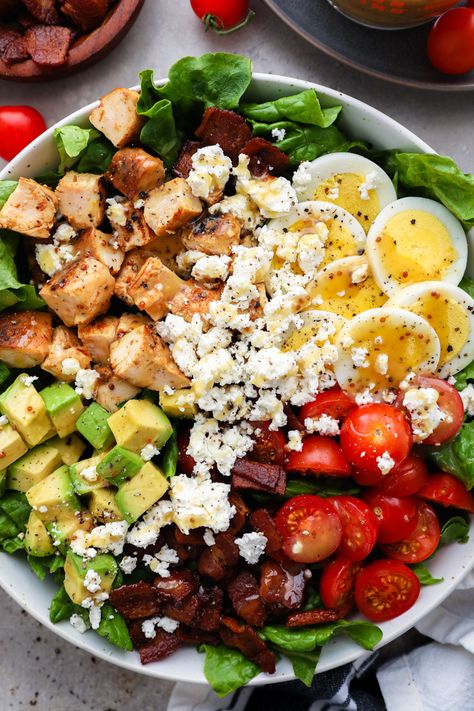 Honey Mustard Chicken Cobb Salad - Kalefornia Kravings Honey Mustard Chicken Cobb Salad, Honey Garlic Chicken Salad, Honey Mustard Cobb Salad, Honey Mustard Chicken Bowl, Salad Honey Mustard Dressing, Cobb Salad Meal Prep, Feta Chicken Salad, Salad Honey Mustard, Bbq Chicken Cobb Salad