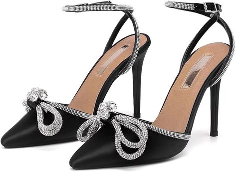 🌸[Classic Design]🌸This lace-up high-heeled sandal has a classic design, satin upper, rhinestone strip decoration with rhinestone bow, almond-shaped pointed toe, stiletto heel, rubber sole and metal adjustable buckle. 🌸[Heel Height]🌸 10.5 cm (4.13) inches. These high heels with ankle straps are based on elegance and elegance. The height of the heel can enhance the temperament of your whole person, and make your matching clothes, skirts, and pants more temperament. Pretty Heels, Luxury Heels, Heels Aesthetic, Black Stiletto Heels, Lace Up High Heels, Classy Shoes, Prom Heels, Black Pumps Heels, Bow Heels