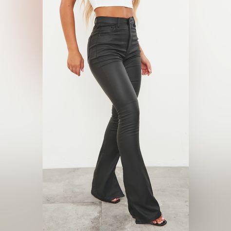 All Orders Ship Within 1-2 Business Days! Pretty Little Thing Black Coates Denim Split Hem Flare Jeans Condition: Brand New With Tags Color: Black Coated Denim Size : Us 12 | Uk 16 Black Flared Jeans, Sheer Jumpsuit, White Dress Pants, Coated Denim, Disco Pants, Festival Pants, Denim Cargo Pants, Panel Leggings, Seersucker Pants