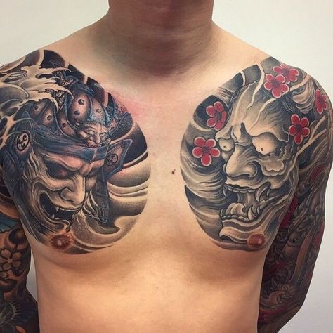 Hannya Maske Tattoo, Tato Irezumi, Hannya Maske, Samurai Tattoo Sleeve, Dragon Head Tattoo, Tato Ikan Koi, Full Chest Tattoos, Seni Mural, Tato Dada