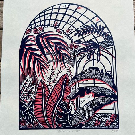 This original Greenhouse print is a limited addition, handprinted in Prussian Blue ink with coral pink highlights on smooth, bright off white HoSho paper. The paper measures approx. 10x12 inches. This a multi block print, created by using two pieces of lino and printing them one on top of the other.  Each step in the linocut process, from drawing the design, to carving and then printing is done by hand. Each design is printed by hand so there may be minor differences in print, making each one of a kind and unique! I only hold a small amount of stock at a time and generally print to order. Therefore, your print might take several days to dry before it can be posted. Please allow up to a week for me to dispatch your order. All original prints come titled and signed in pencil on the front. Al Greenhouse Linocut, Linocut Process, Lino Cuts, Lino Art, Plant Art Print, Lino Cut, Prussian Blue, Pink Highlights, Plant Print