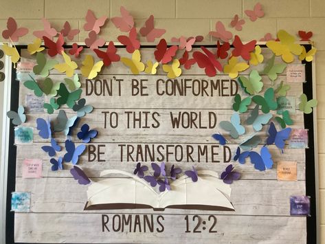 Spring Bulletin Boards Christian, 1st Grade Christian Classroom, Christian Bulletin Boards For Spring, Bulletin Board Bible Verse, Christian Middle School Classroom, April Christian Bulletin Boards, Faith Based Bulletin Boards, Bible School Classroom Decor Ideas, Bible Study Classroom Decor