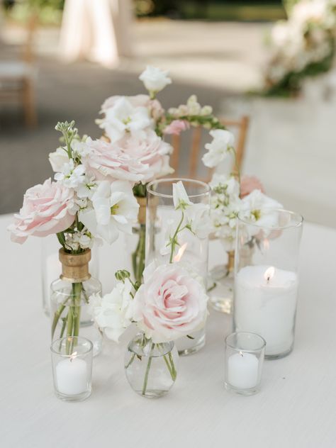 Wild Flower Bud Vase Centerpiece, Wedding Florals White And Blush, Cocktail Table Floral Arrangements, Bud Vases Rectangle Table Wedding, White And Neutral Wedding Flowers, Wedding Bud Vases And Candles, Bud Vase Long Table, Bud Flower Arrangement, Wedding Table Centerpieces Vases