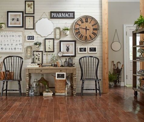 384 Likes, 3 Comments - Birch Lane (@birchlane) on Instagram: “Bring an element of nostalgia into your home by creating a timeless and vintage #gallerywall.…” Wall Clock Decor Living Room Ideas, Wall Clock Decor Living Room, White Shiplap Wall, Wood Wall Clock, Clock Decor, Large Clock, Farmhouse Wall Decor, Ship Lap Walls, Farmhouse Wall