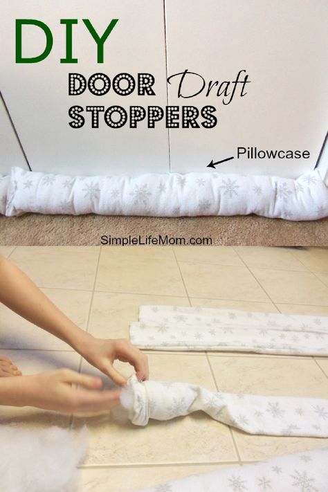 DIY Door Stopper using old pillow cases - for cold weather proofing your house Door Air Blocker Diy, Door Air Blocker Diy Draft Stopper, Diy Door Sweep, Weather Proofing Doors, Diy Door Draft Stopper Easy, Door Draft Stopper Diy How To Make, Door Draft Stopper Diy, Diy Door Draft Stopper, Diy Door Stopper