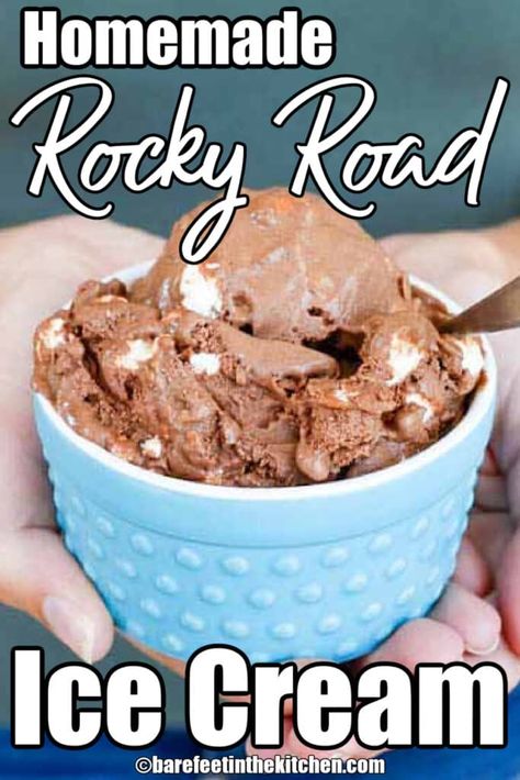 Rocky Road Ice Cream is easy to make at home! Rocky Road Ice Cream Recipe, Cookies And Cream Homemade Ice Cream, Homemade Rocky Road Ice Cream, Home Made Ice Cream Recipes With Machine No Egg, Homemade Rocky Road, Cuisinart Ice Cream Recipes, Cuisinart Ice Cream Maker Recipes, Kitchen Aid Ice Cream Recipes, Homemade Ice Cream Recipes Machine