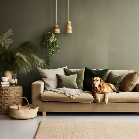 Beige Sofa With Colourful Cushions, Beige And Green Interior Design, Fern Green Living Room, Beige With Green Living Room, Green And Stone Living Room, Living Room Cushions Color Palettes, Beige Sofa Green Walls, Beige Sofa Color Schemes, Cushion Ideas For Beige Sofa