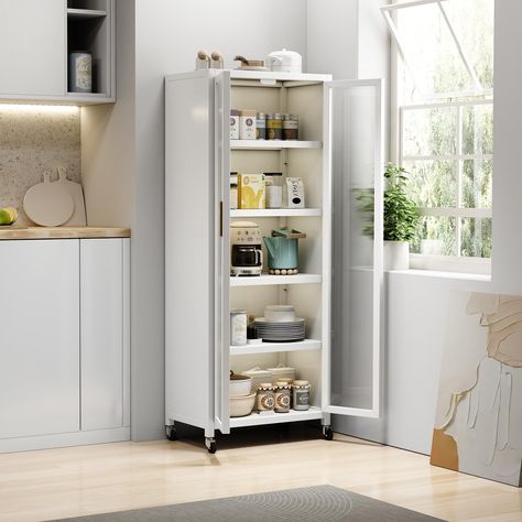 PRICES MAY VARY. ♥High Quality Material: The kitchen pantry storage cabinet is made of large-sized thickened cold-rolled steel plate, which is sturdy and durable, can support up to 66lbs each shelf. The clear waterproof PC door is convinent to see what you want to find. ♥Versatile Storage Space: Our metal storage cabinet provides you with 5-tier ample storage space, which is used as microwave stand, coffee bar, food pantry cabinet, etc. Then you can classify storage from tableware, snacks to kit Metal Hutch, Buffet Cabinet White, Stand Alone Pantry, Free Standing Pantry, Pantry Door Storage, Hutch Cabinet, Microwave Stand, Tall Kitchen, Small Kitchen Cabinets