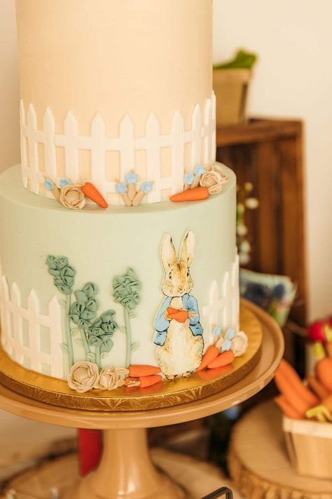 Peter Rabbit // 1st Birthday // Boy | CatchMyParty.com Peter Rabbit Birthday Cake, Rabbit Birthday Cake, Peter Rabbit Birthday Party, Rabbit Birthday Party, Peter Rabbit Cake, Party Theme Ideas, Peter Rabbit Birthday, Rabbit Birthday, Peter Rabbit Party