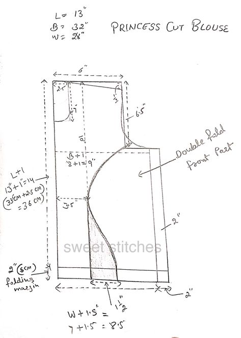 Sweet Stitches - Drafting of princess cut blouse #faishon... Princess Pattern Sewing, Princess Blouse Designs Pattern, Pattern Drafting Tutorials Blouses, Churidar Pattern, Princess Cut Blouse Design, Blouse Tutorial, Pattern Drafting Tutorials, Princess Cut Blouse, Clothing Pattern Design