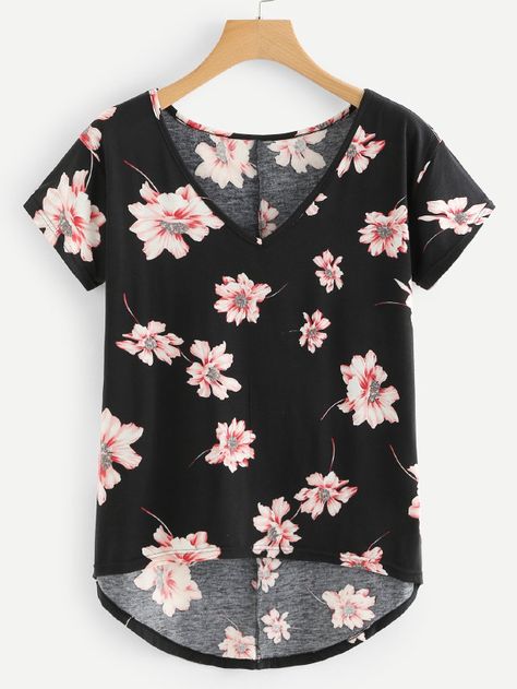 Flower Print Dip Hem T-shirt -SheIn(Sheinside) Cheap Cute Floral Print T-shirt, Cheap Floral Print T-shirt For Spring, Patterned Floral Print Cotton T-shirt, Cheap Floral Print Short Sleeve T-shirt, Pink Floral Print Cotton T-shirt, Áo Blu, Fancy Tops, Shabby Chic Clothes, Girls Formal Dresses