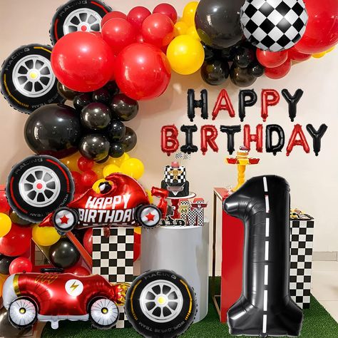 1st Birthday Party Ideas For Boys Theme Race Cars, Need For Speed Birthday Party Ideas, Formula 1 Themed Birthday Party, Cars 1st Birthday Party Ideas, Cars Theme Birthday Party Decorations, 1 Birthday Boy Themes, Fast One Birthday Party Theme, Checkered Balloons, Racing Theme Birthday Party