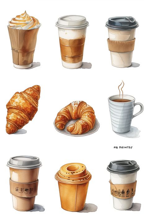 Coffee And Croissant Illustration, Cafe Food Illustration, Pastry Illustration Drawings, Food Illustration Recipe, Art Cafe Aesthetic, Cafe Food Drawing, Cafe Board Design, Cafe Art Illustration, Café Drawing