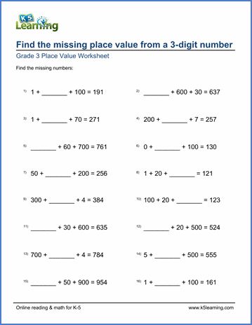 Grade 3 math worksheets on place value; students must find the missing place value from a 3-digit number. Free pdf worksheets from K5 Learning's online reading and math program. 3 Digit Numbers Worksheets, Grade 3 Math Worksheets, Understanding Place Value, Numbers In Expanded Form, Grade 3 Math, Rounding Worksheets, Number Place Value, Good Study Habits, Place Value Worksheets