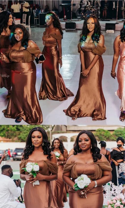 Newest Brown Mermaid Off Shoulder Cheap Long Bridesmaid Dresses,WG1637 – SposaDresses Brown And Champagne Wedding, Melanin Wedding, Wedding Renewal Dress, Bronze Bridesmaid Dresses, Maroon Wedding Dress, Brown Wedding Dress, Brown Mermaid, Copper Bridesmaid Dresses, Brown Wedding Themes