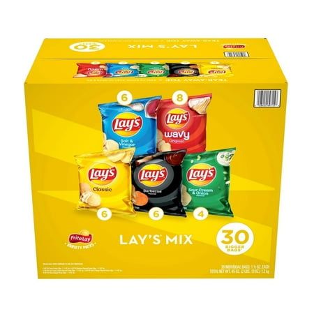 Lay's Mix Potato Chips Variety Pack (30 Count) Wherever celebrations and good times happen, the Lay's brand will be there just as it has been for more than 75 years. With flavors almost as rich as our history, we have a chip or crisp flavor guaranteed to bring a smile on your face. This 30 count variety pack includes five of your favorite Lay's Potato Chip varieties: Classic, Barbecue, Sour Cream & Onion, Salt & Vinegar and Wavy Original. PepsiCo is one of the worlds leading food and beverage co Potato Chip Flavors, Lays Potato Chips, Fresh Potato, Frito Lay, Favorite Dips, Sleepover Food, Potato Chip, Sour Cream And Onion, Snack Chips