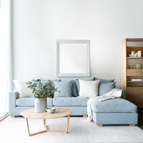 Light Blue Sofa Living Room, Light Blue Couches, Light Blue Living Room, Blue Sofa Living, Light Blue Sofa, Blue Sofas Living Room, Wall Art Inspiration, Interior Design Aesthetic, Restful Bedrooms