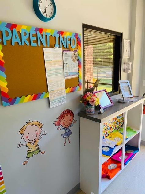 Daycare Office Decor Ideas, Childcare Entryway Ideas, Simple Home Daycare Setup, Daycare Sign In Station, Family Daycare Setup Home, Daycare Restroom Ideas, Preschool Entryway Ideas, Daycare Stations Center Ideas, After School Care Room Set Up